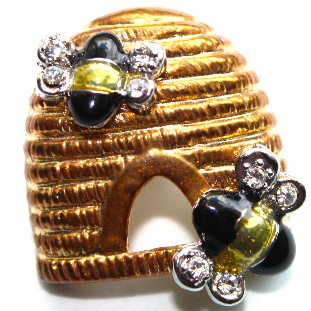 Rhinestone Bees on Golden Beehive Pin